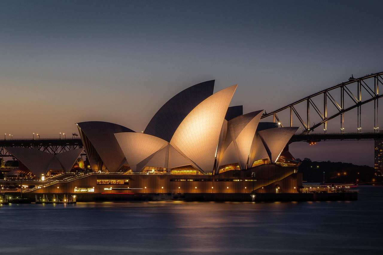 Sydney Opera House with the Harbour Bridge at sunset